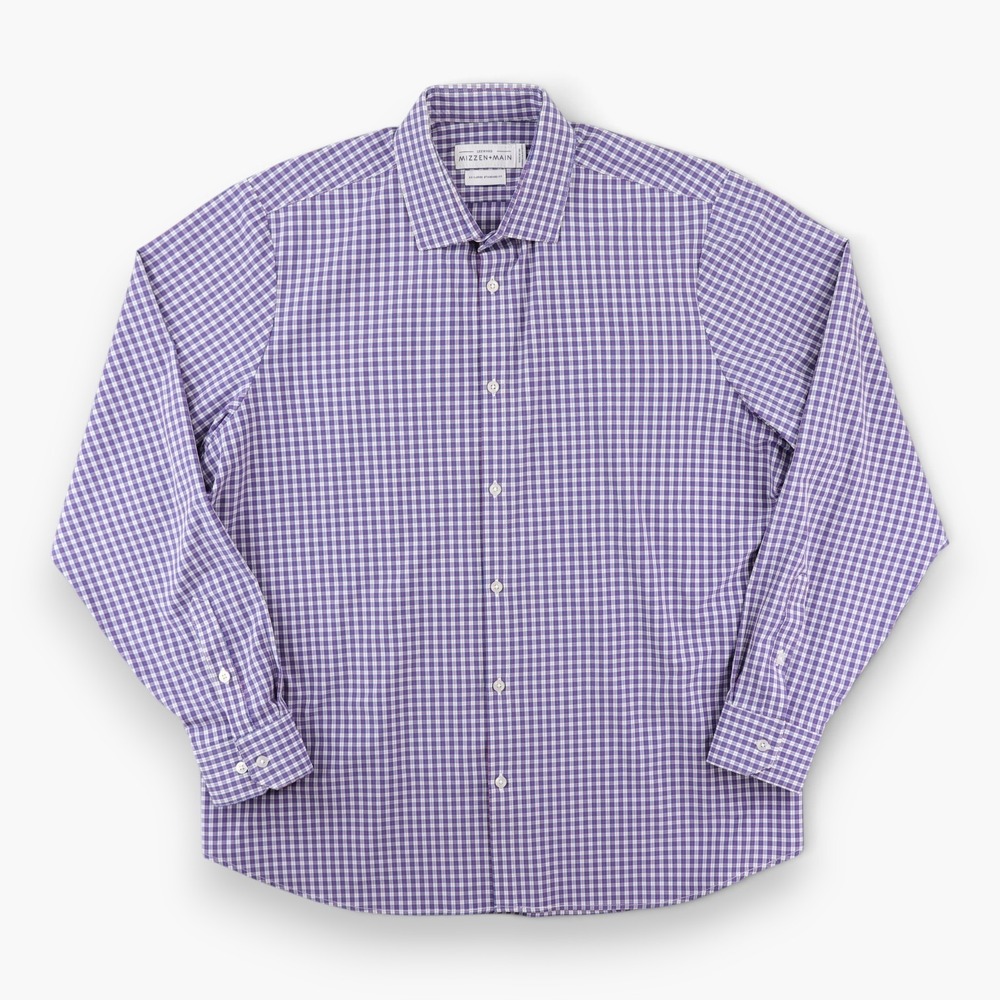 Mizzen+Main Leeward Dress Shirt Mens XXL Standard Fit Blue Gingham Performance‎